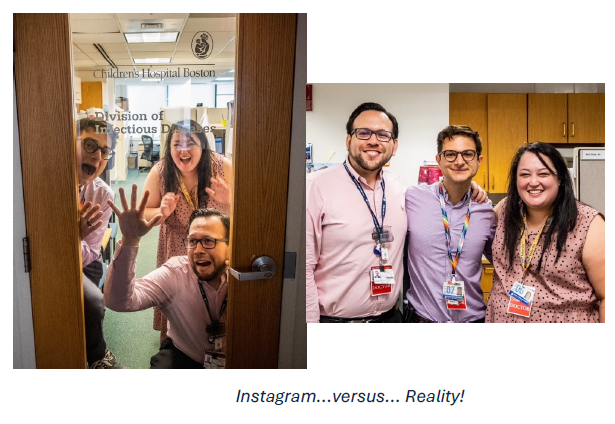 On the left, three fellows pose behind the "Division of Infectious Diseases" glass office door. On the right, the same three fellows stand together smiling. Caption: Instagram... versus... Reality!