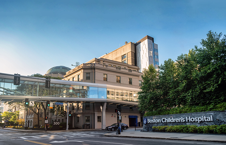 Boston Children's Hospital main entrance exterior and skywalk