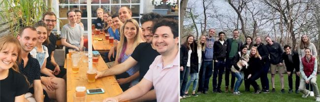 Neurology residents sitting at a table during a meal and huddled in a group smiling outdoors