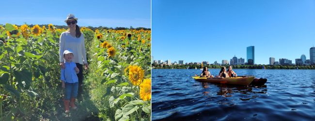 Neurology resident with their child in a sunflower field and other residents on a canoe in the Charles River