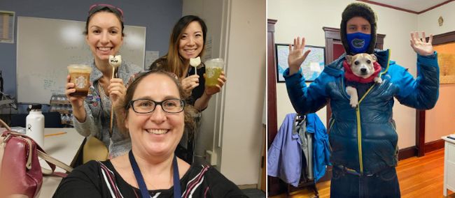 Neurology residents smiling while holding coffees and one resident holding a dog