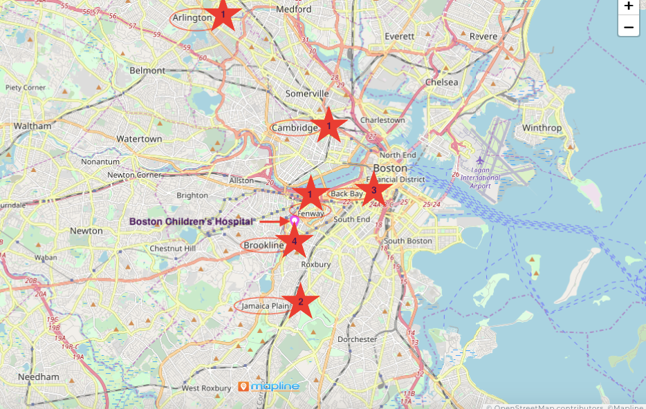 Map of Boston area showing where pulmonary fellows live: 1 in Arlington, 1 in Cambridge, 3 in Back Bay, 1 in Fenway, 4 in Brookline, 2 in Jamaica Plain