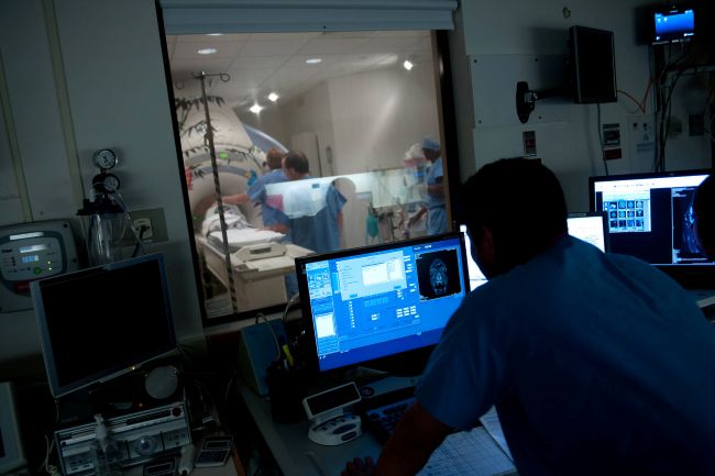 Researcher reviewing neuro imaging on a computer screen